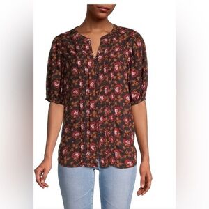 Beachlunchlounge Floral Puff Sleeve Pintuck Button Front Blouse Women's Size XS
